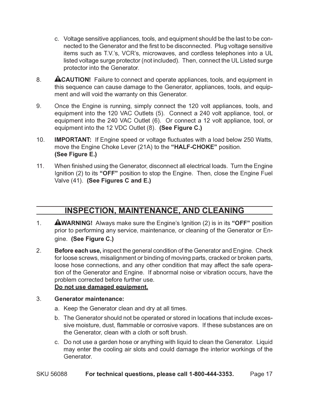 Harbor Freight Tools 56088 INSPECTION, MAINTENANCE, and Cleaning, Do not use damaged equipment Generator maintenance 