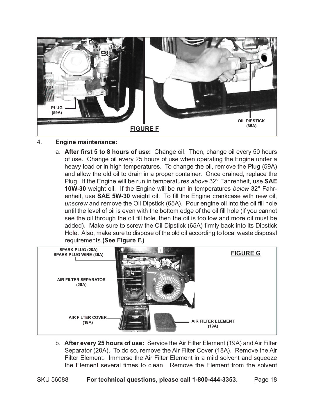 Harbor Freight Tools 56088 warranty Figure F, Engine maintenance 