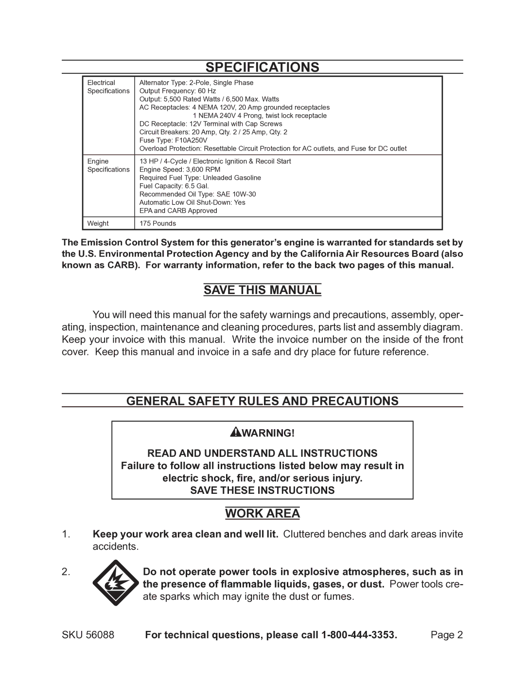 Harbor Freight Tools 56088 warranty Specifications, Save this Manual, General Safety Rules and Precautions, Work Area 