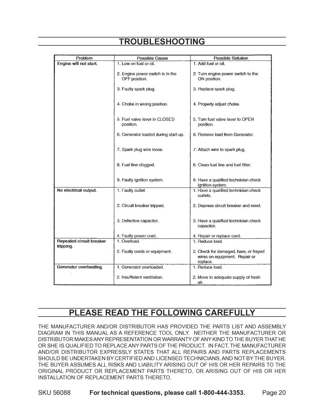 Harbor Freight Tools 56088 warranty Troubleshooting Please Read the Following Carefully 