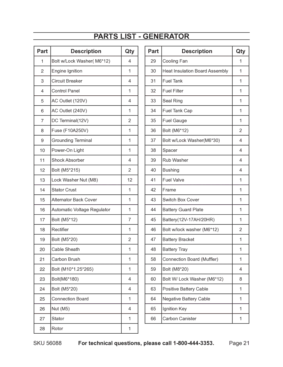 Harbor Freight Tools 56088 warranty Parts List Generator, Part Description Qty 