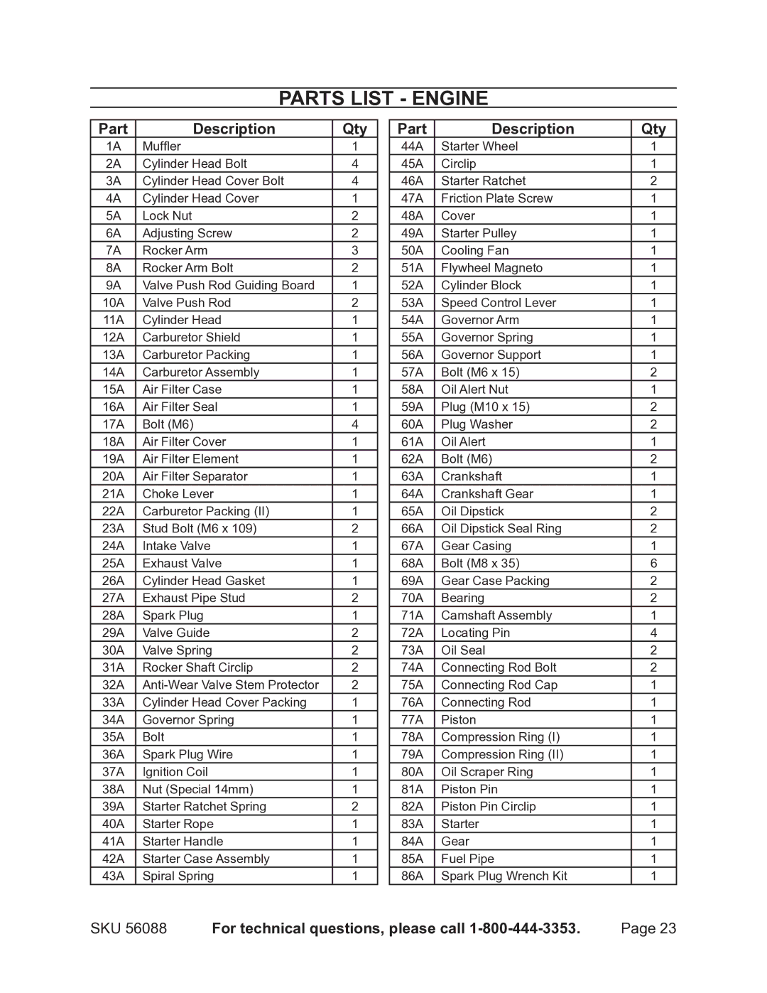 Harbor Freight Tools 56088 warranty Parts List Engine 