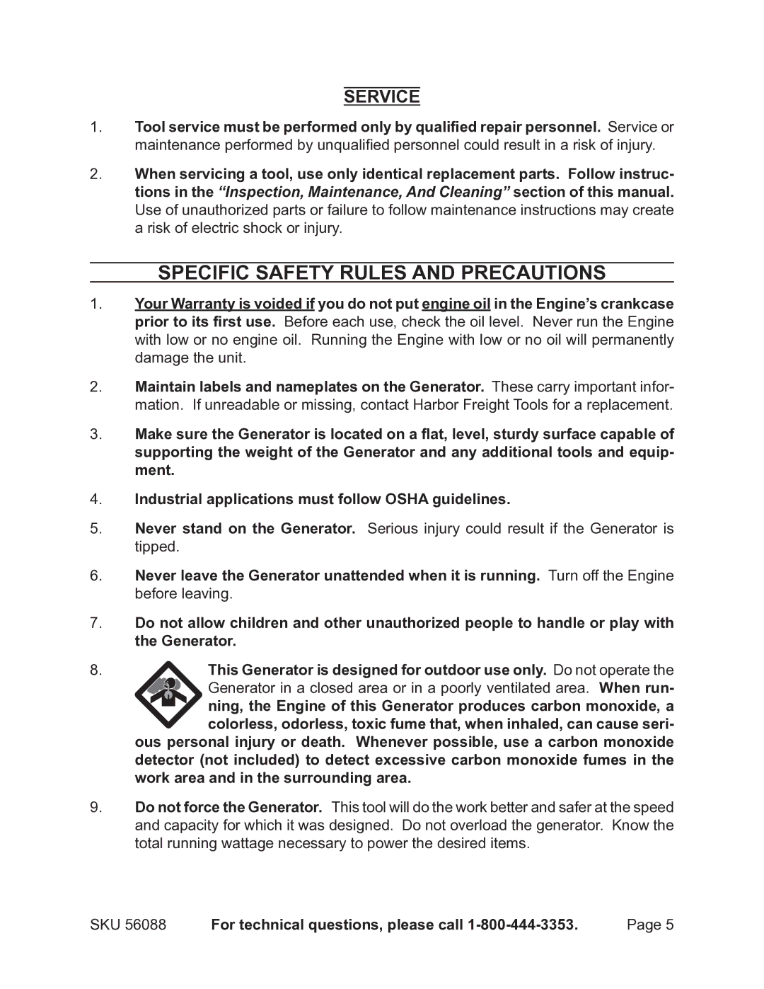 Harbor Freight Tools 56088 warranty Specific Safety Rules and Precautions, Service 