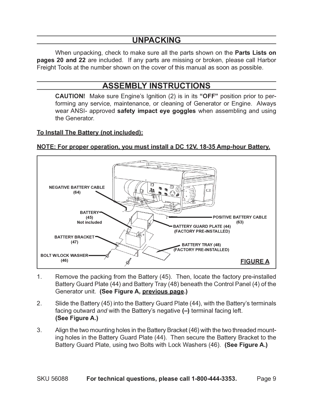 Harbor Freight Tools 56088 warranty Unpacking, Assembly Instructions, To Install The Battery not included, See Figure a 