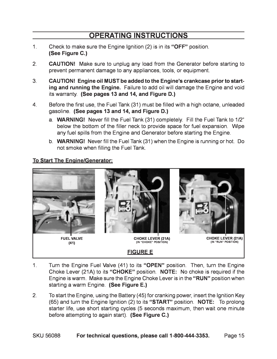 Harbor Freight Tools 56088 warranty Operating Instructions, To Start The Engine/Generator, Figure E, See Figure C 