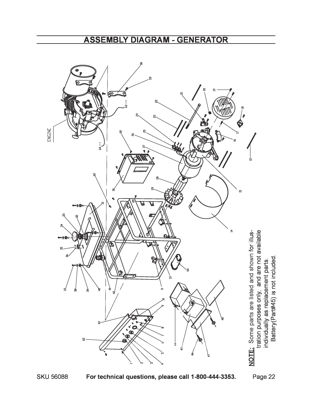 Harbor Freight Tools 56088 warranty Assembly Diagram - Generator, For technical questions, please call 