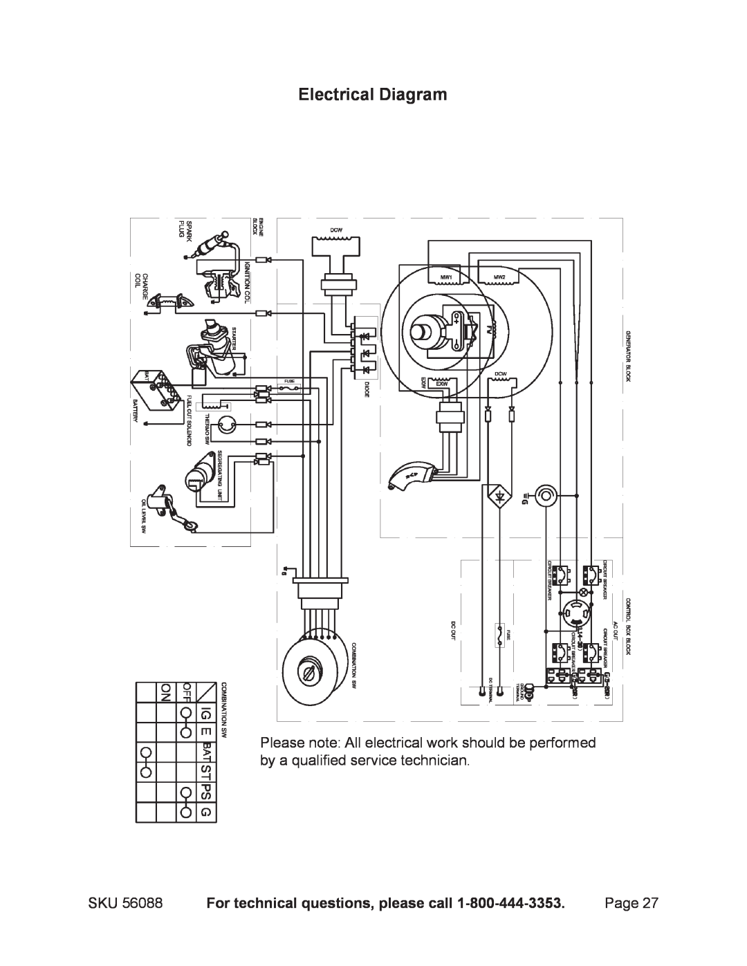 Harbor Freight Tools 56088 warranty Electrical Diagram, For technical questions, please call 