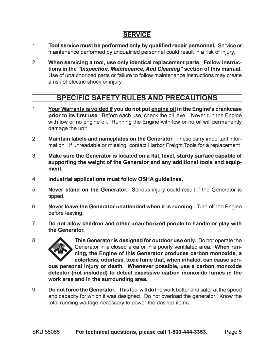 Harbor Freight Tools 56088 warranty Specific Safety Rules And Precautions, Service, For technical questions, please call 