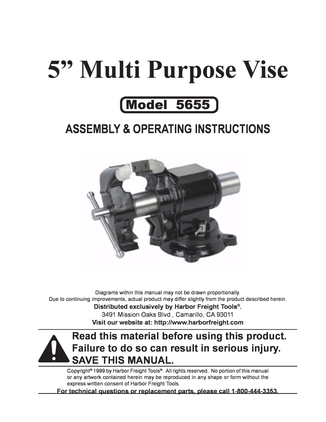 Harbor Freight Tools 5655 operating instructions 5” Multi Purpose Vise, Model, Assembly & Operating Instructions 