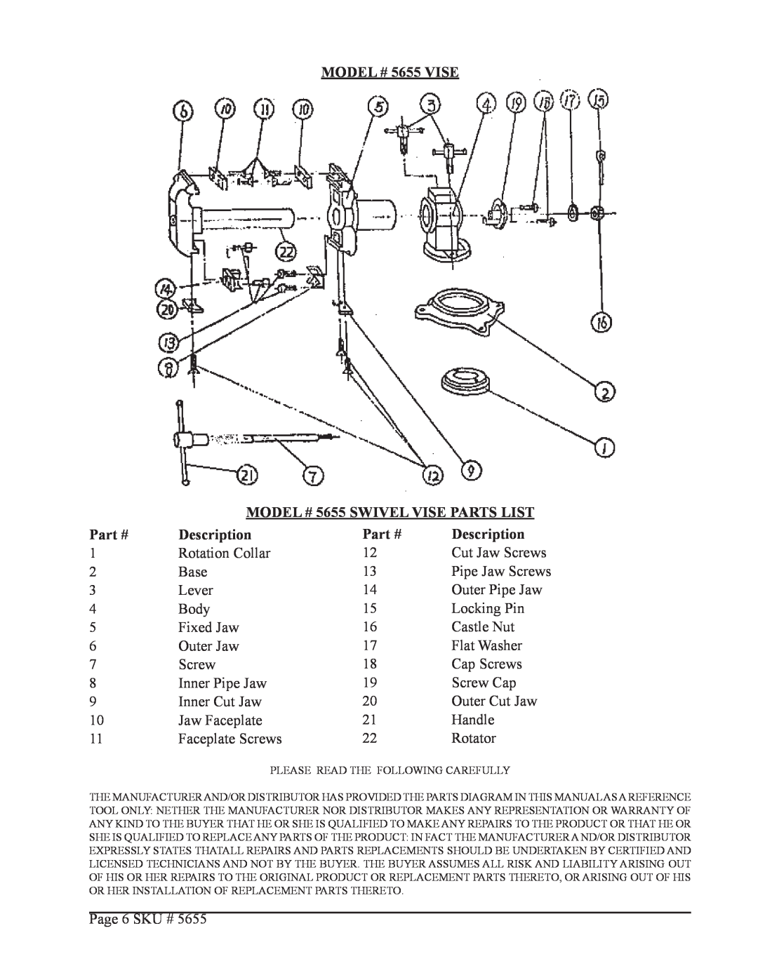 Harbor Freight Tools operating instructions Model # 5655 Vise, Model # 5655 Swivel Vise Parts List, Description 