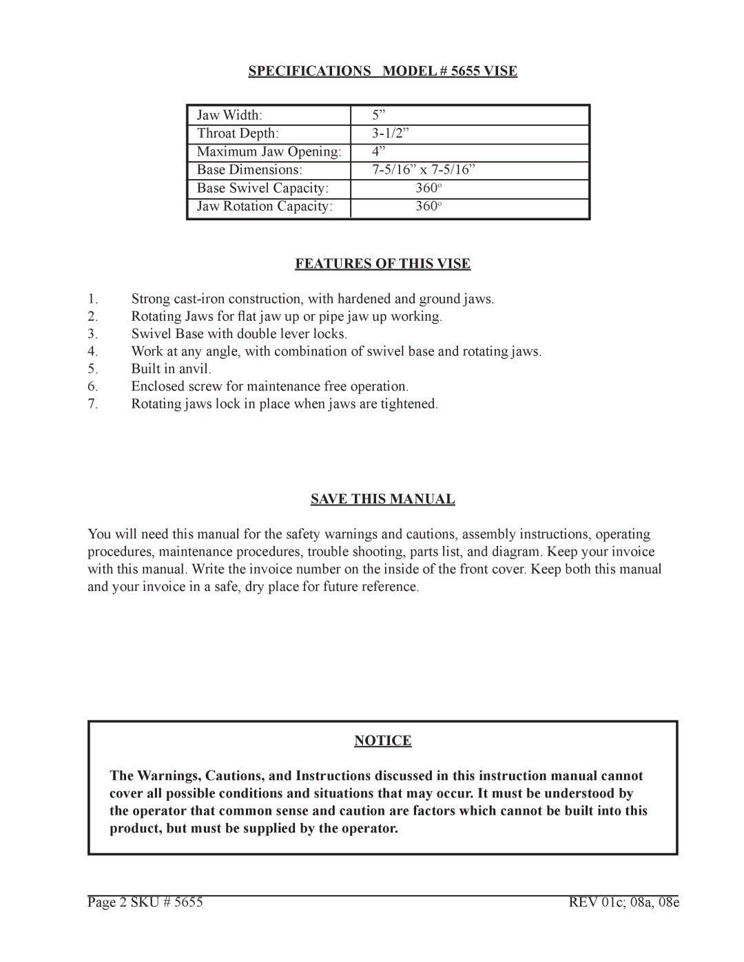 Harbor Freight Tools operating instructions Specifications Model # 5655 Vise, Features of this Vise 