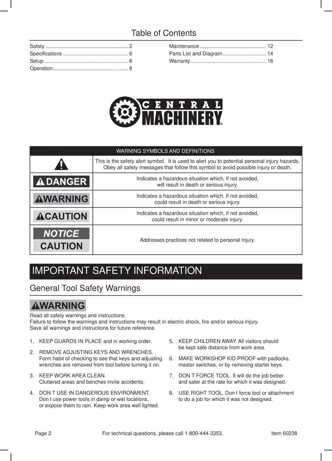 Harbor Freight Tools 60238 manual Table of Contents, General Tool Safety Warnings 