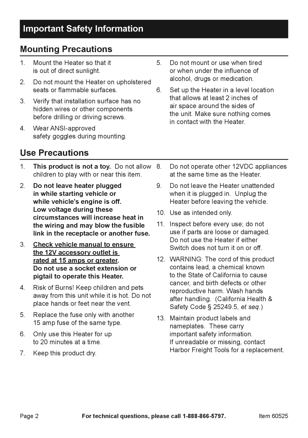 Harbor Freight Tools 6052 owner manual Important Safety Information, Mounting Precautions, Use Precautions 