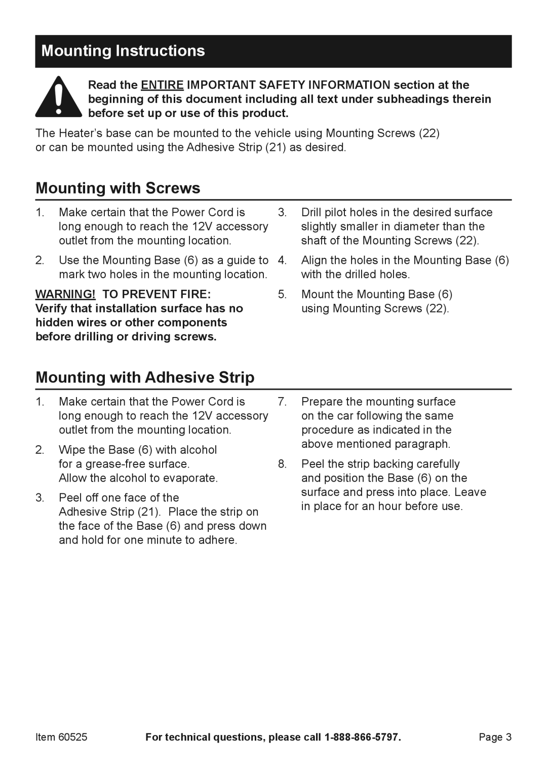 Harbor Freight Tools 6052 owner manual Mounting Instructions, Mounting with Screws, Mounting with Adhesive Strip 