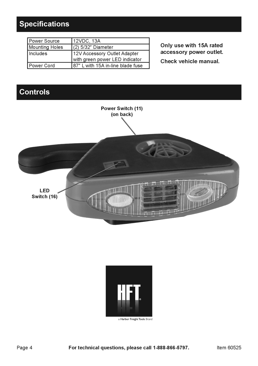 Harbor Freight Tools 6052 owner manual Specifications, Controls 