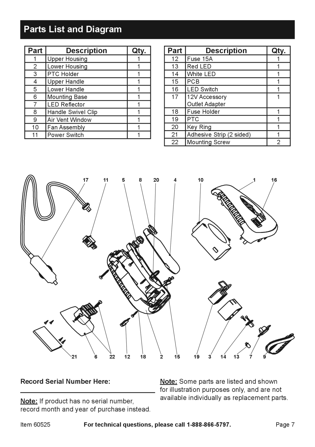 Harbor Freight Tools 6052 owner manual Parts List and Diagram, Part Description Qty 