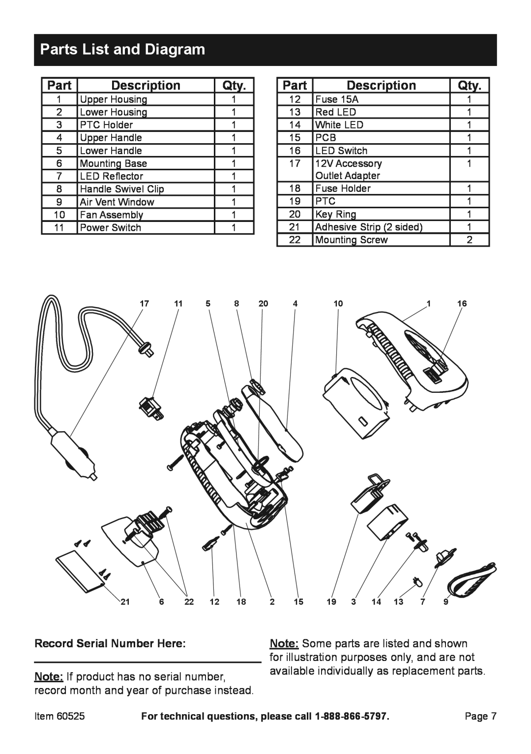 Harbor Freight Tools 6052 owner manual Parts List and Diagram, Description, For technical questions, please call 