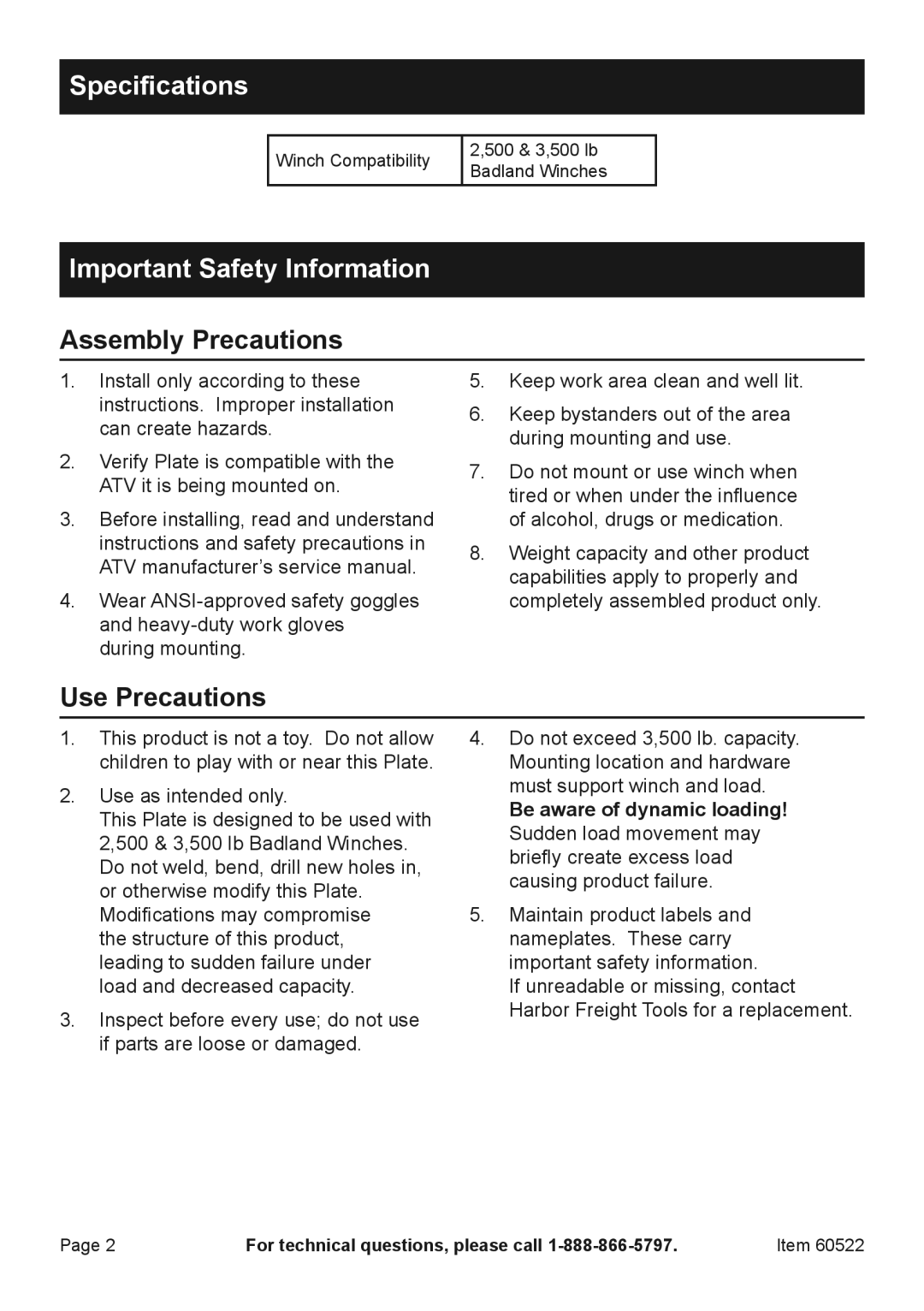 Harbor Freight Tools 60522 owner manual Specifications, Important Safety Information 