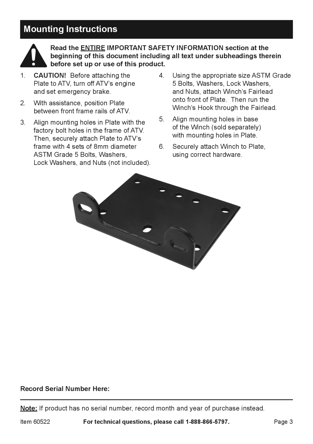 Harbor Freight Tools 60522 owner manual Mounting Instructions 