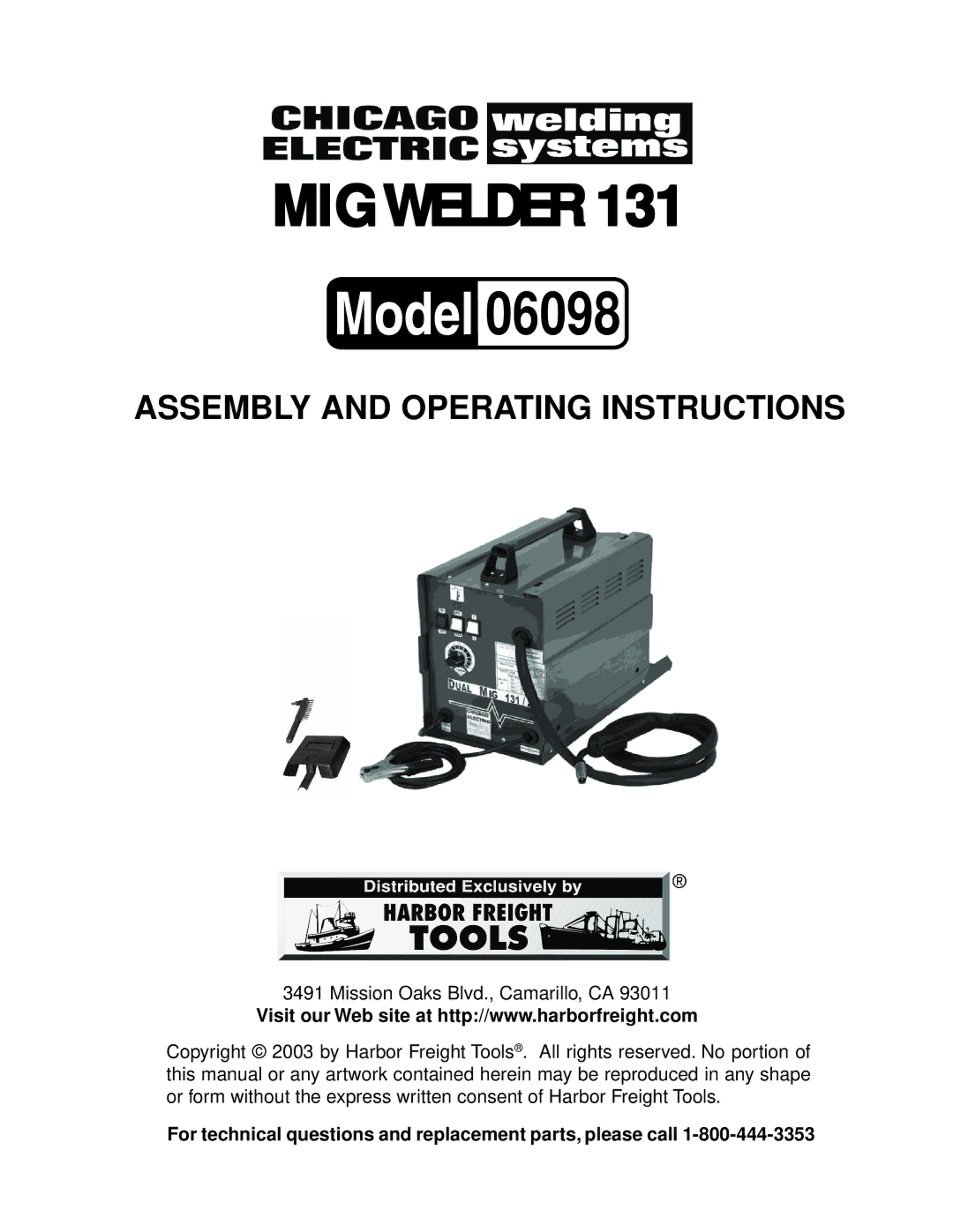 Harbor Freight Tools operating instructions 06098, For technical questions and replacement parts, please call 