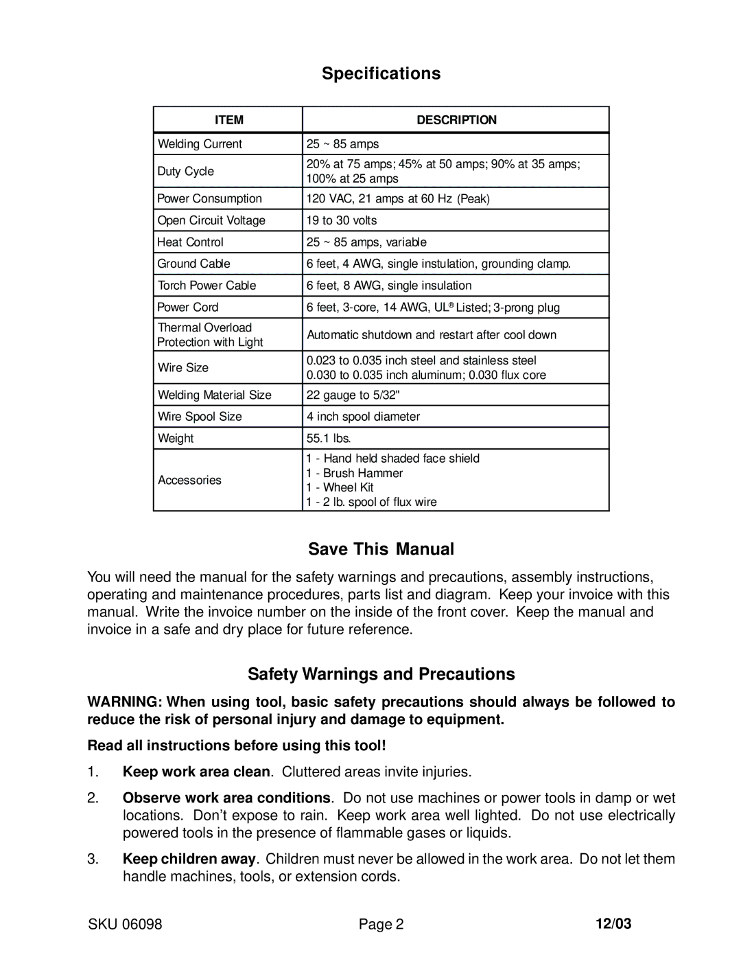 Harbor Freight Tools 6098 operating instructions Specifications, Save This Manual, Safety Warnings and Precautions, 12/03 