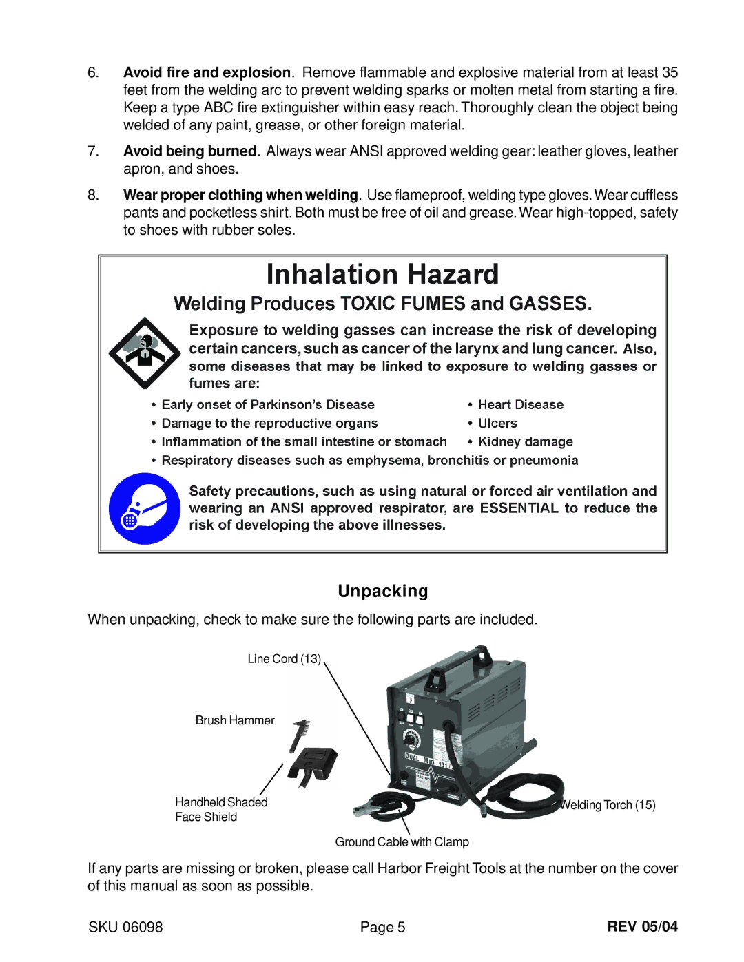 Harbor Freight Tools 6098 operating instructions Unpacking, REV 05/04 