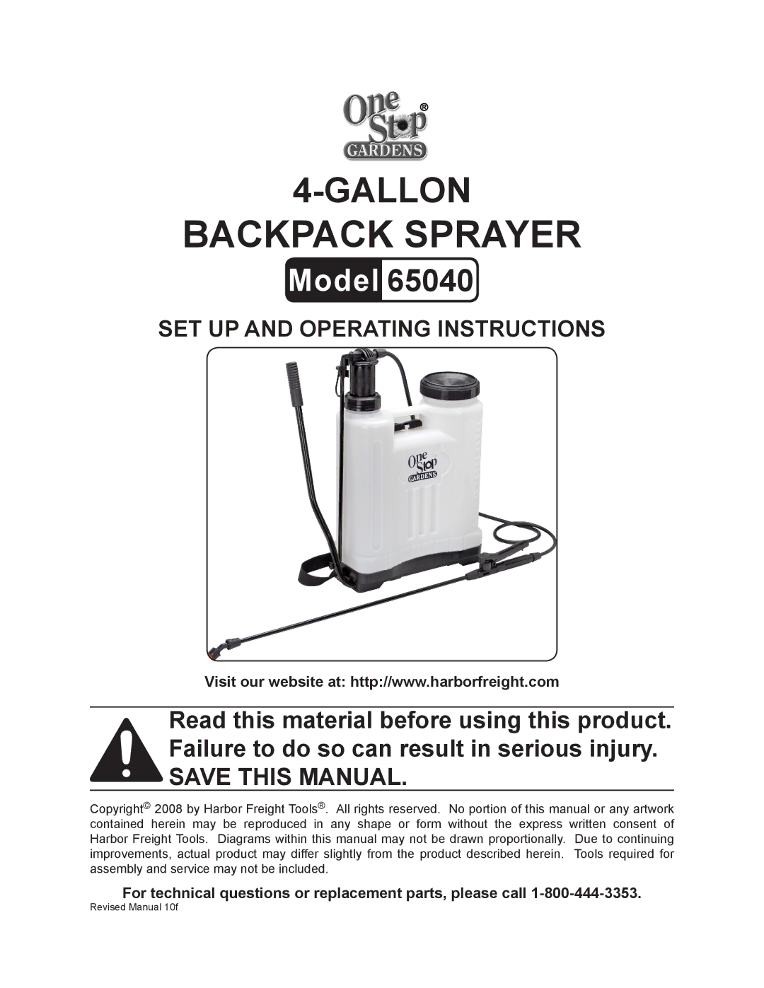 Harbor Freight Tools 65040 operating instructions Backpack Sprayer 