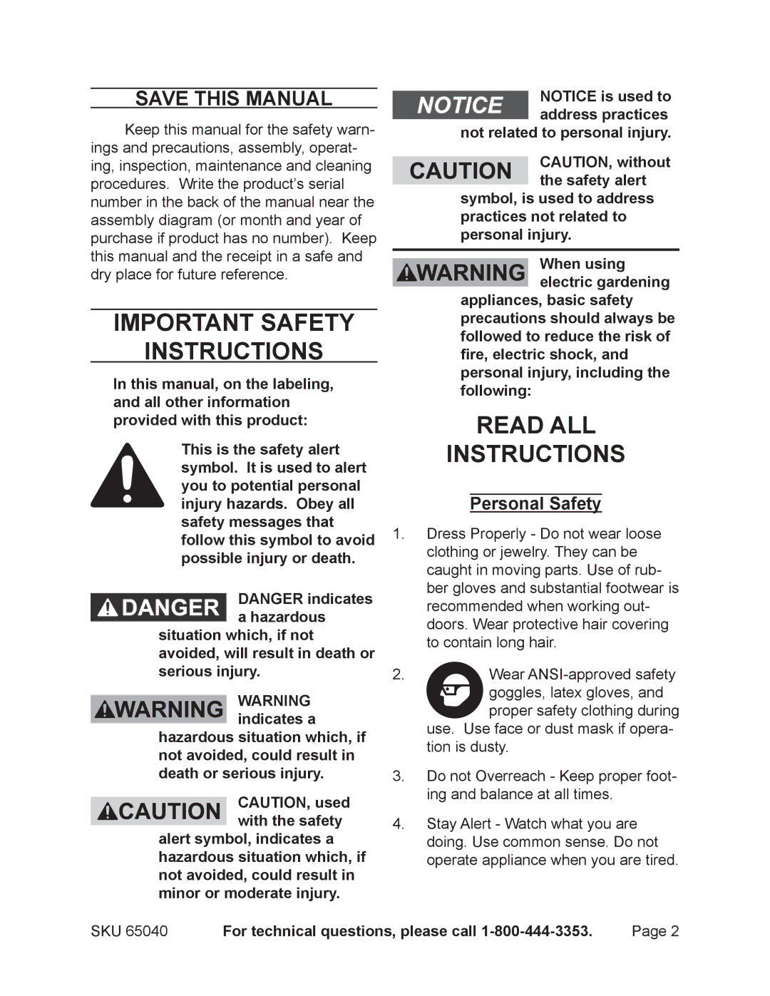 Harbor Freight Tools 65040 operating instructions Save This Manual, Personal Safety, For technical questions, please call 