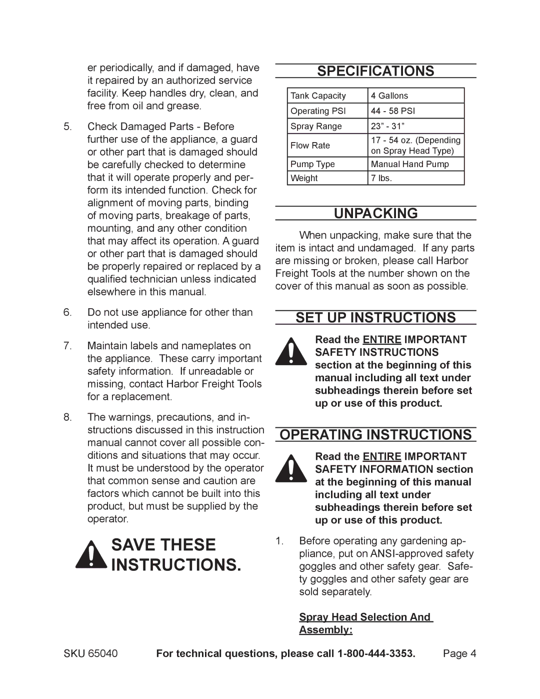 Harbor Freight Tools 65040 operating instructions Specifications, Unpacking, Set Up Instructions, Operating Instructions 