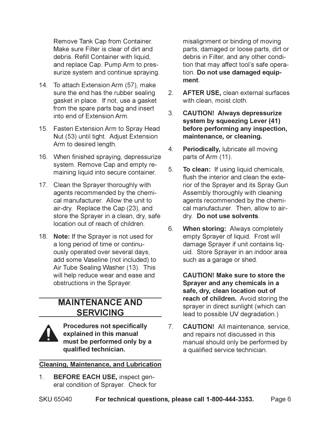 Harbor Freight Tools 65040 operating instructions Maintenance Servicing 