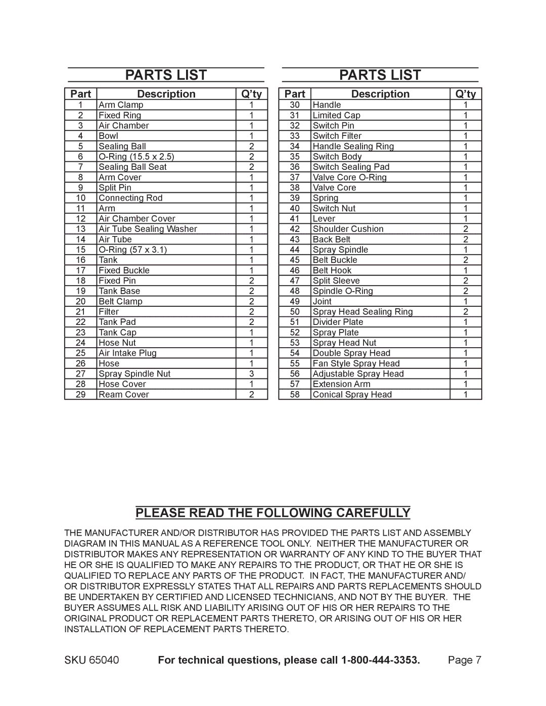 Harbor Freight Tools 65040 operating instructions Parts List, Part Description ’ty 