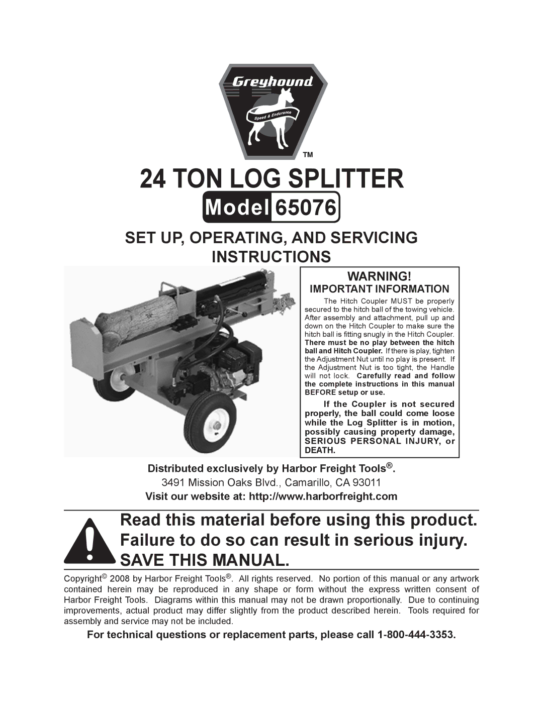 Harbor Freight Tools 65076 manual Ton log splitter 