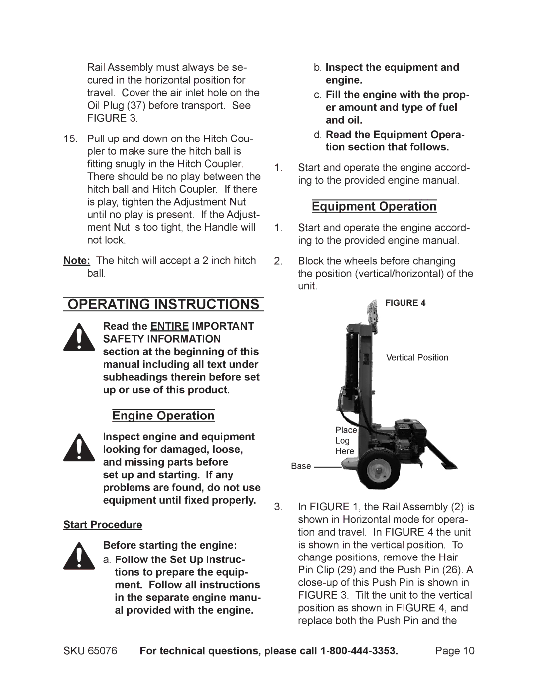 Harbor Freight Tools 65076 manual Operating Instructions, Engine Operation, Equipment Operation 