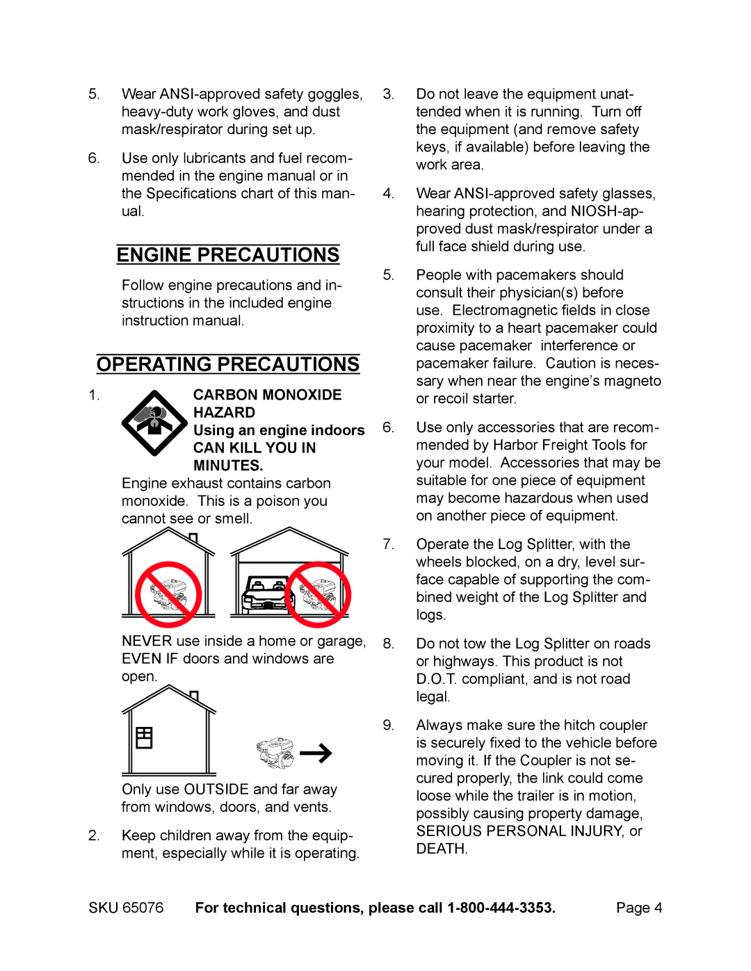 Harbor Freight Tools 65076 manual Engine precautions Operating precautions, Can Kill YOU in Minutes 