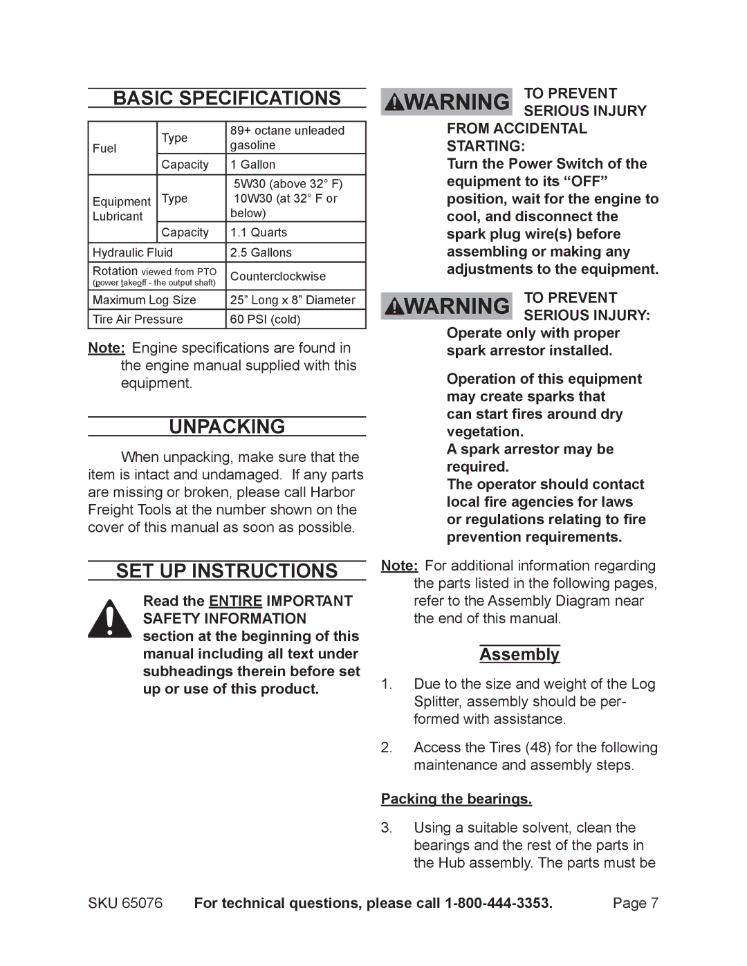 Harbor Freight Tools 65076 manual Basic Specifications, Unpacking, Set Up Instructions, Assembly 