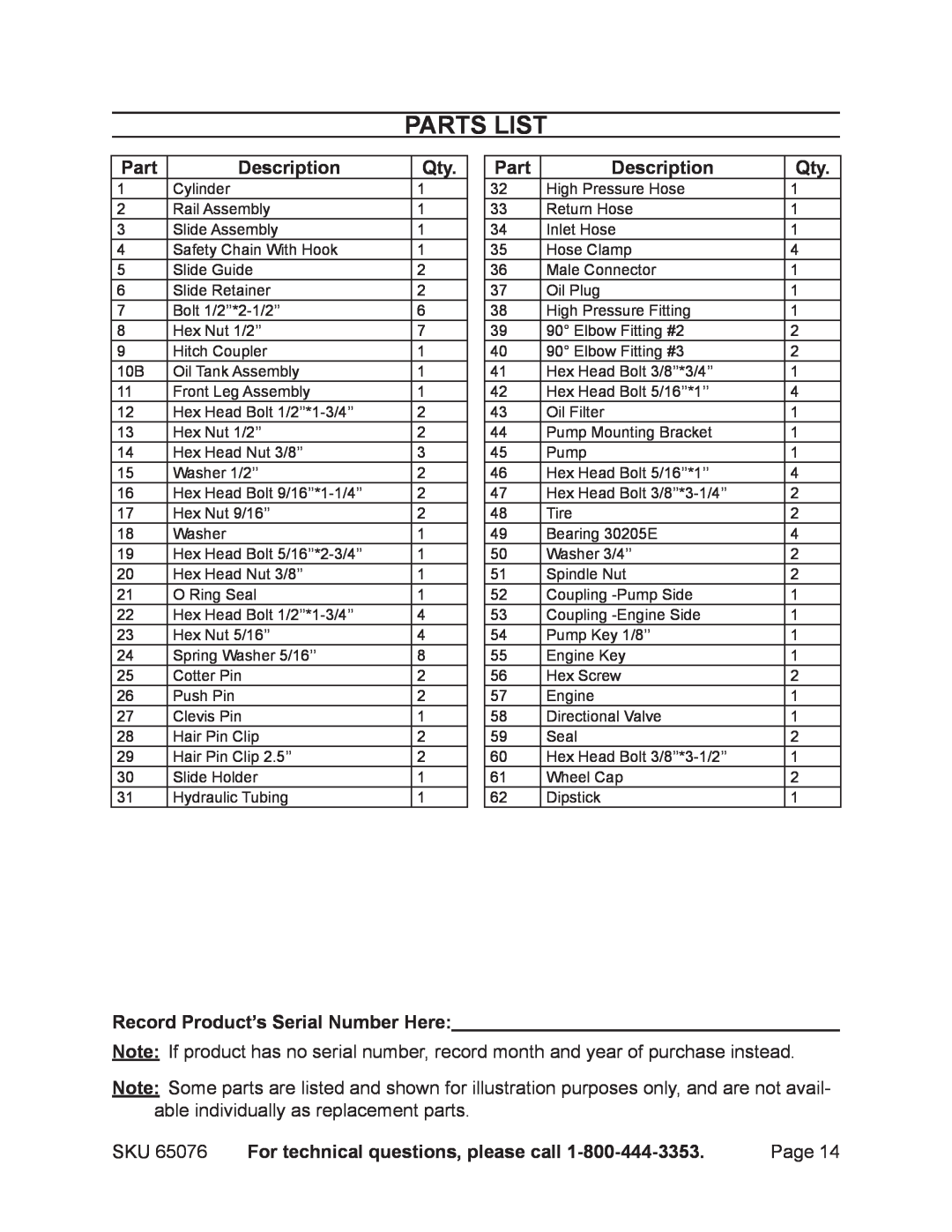 Harbor Freight Tools 65076 manual Parts list, Description, Record Product’s Serial Number Here 