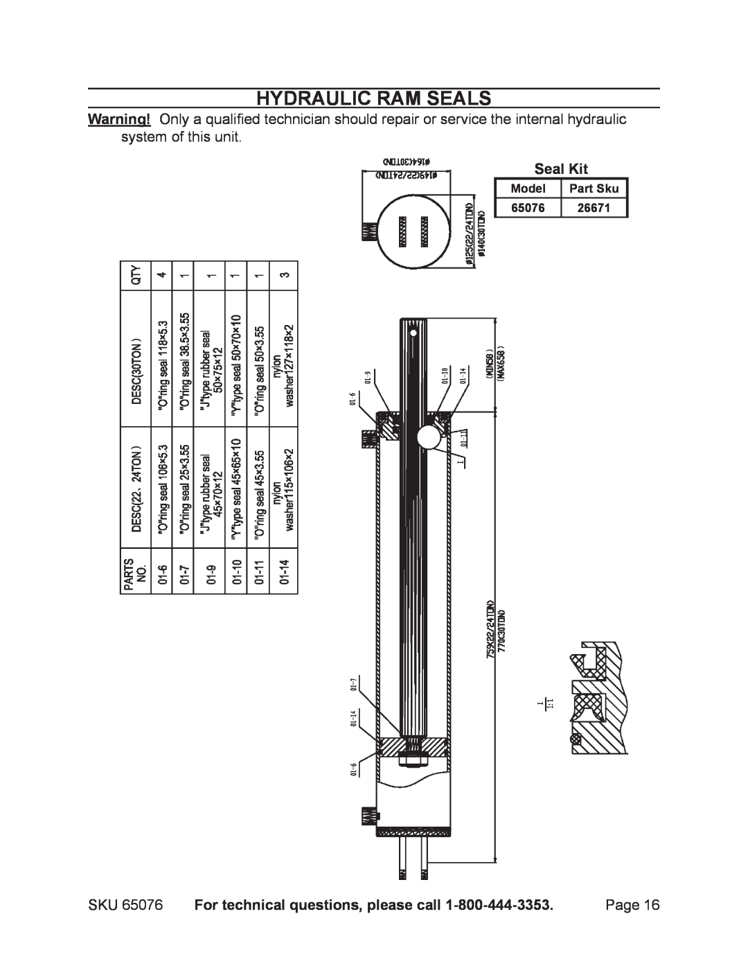 Harbor Freight Tools 65076 Hydraulic Ram Seals, Seal Kit, For technical questions, please call, Model, Part Sku, 26671 