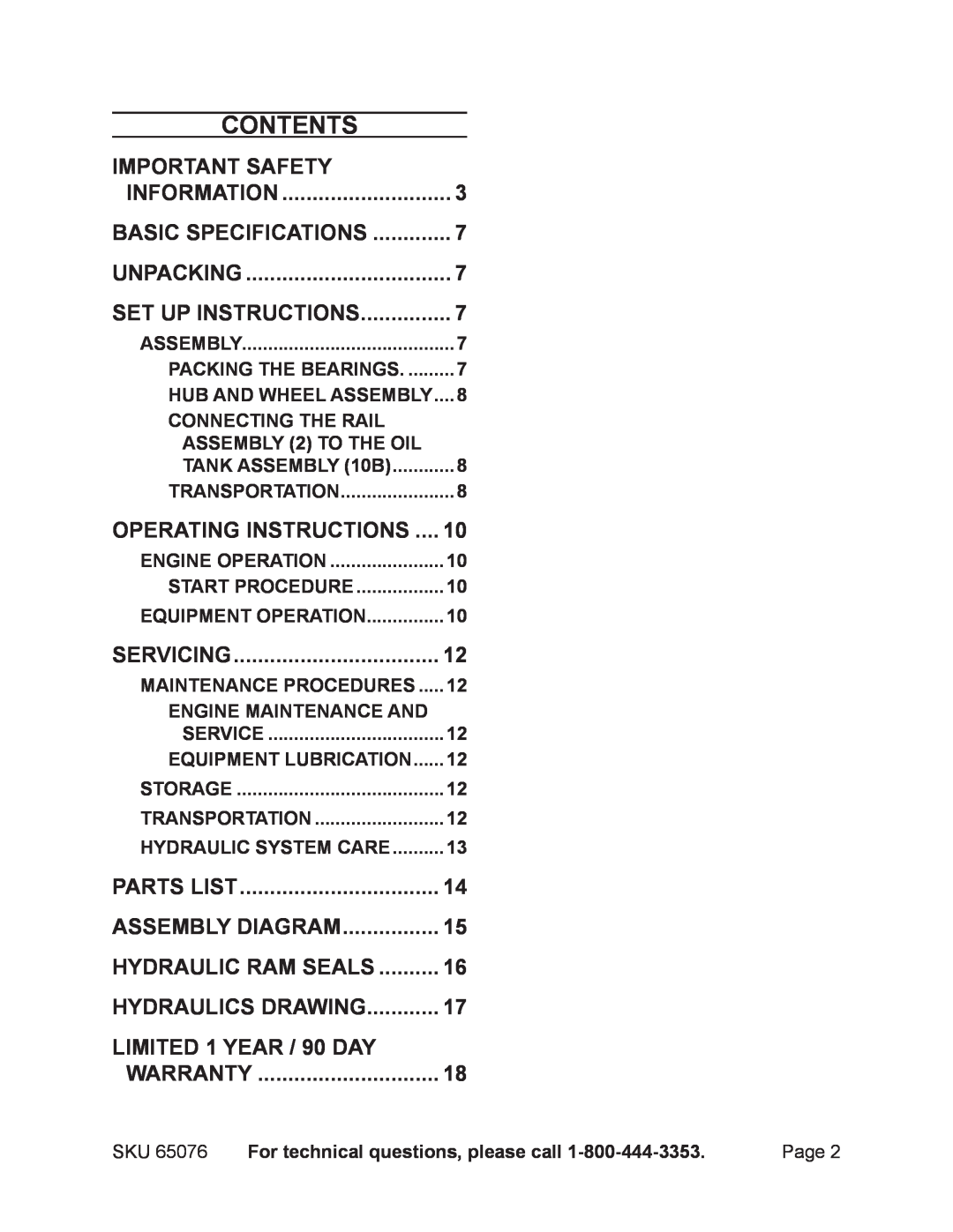 Harbor Freight Tools 65076 manual Contents 