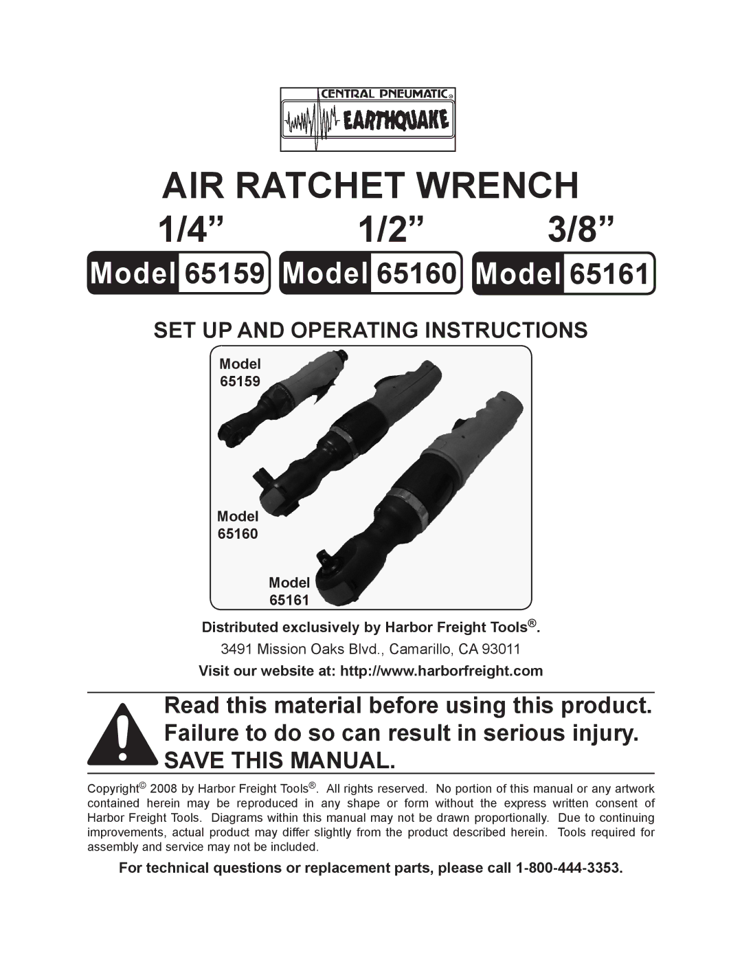 Harbor Freight Tools 65160, 65161, 65159 operating instructions Model Distributed exclusively by Harbor Freight Tools 