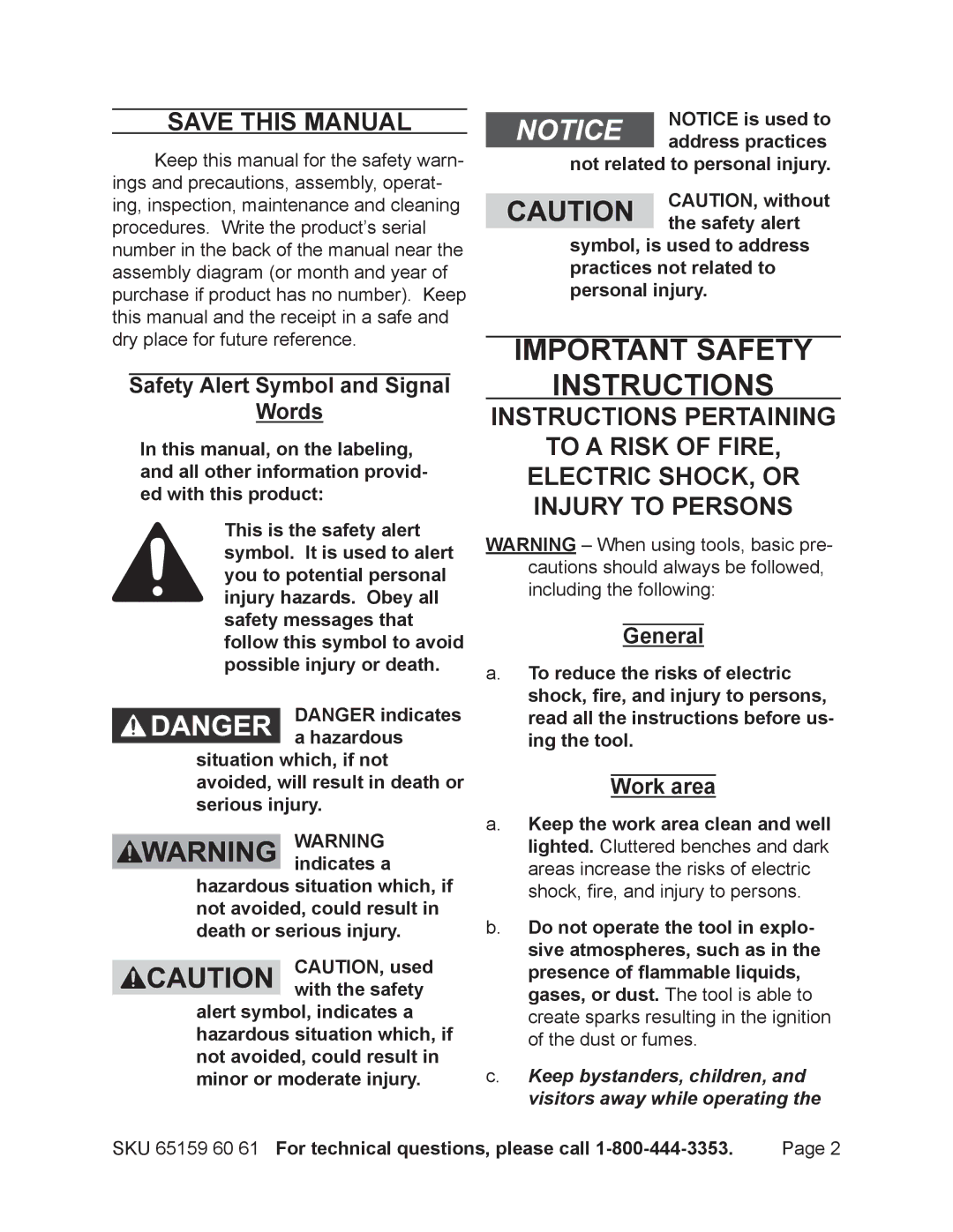 Harbor Freight Tools 65159, 65161, 65160 Save This Manual, Safety Alert Symbol and Signal Words, General, Work area 