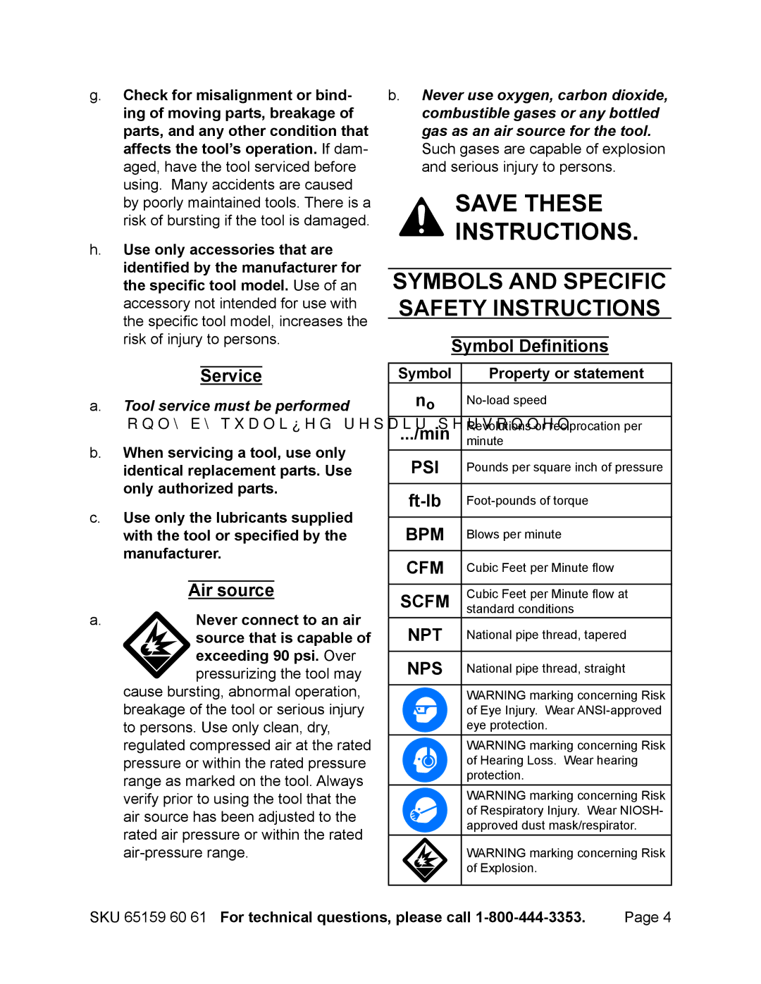 Harbor Freight Tools 65160, 65161, 65159 operating instructions Service, Air source, Symbol Definitions, Min, Ft-lb 