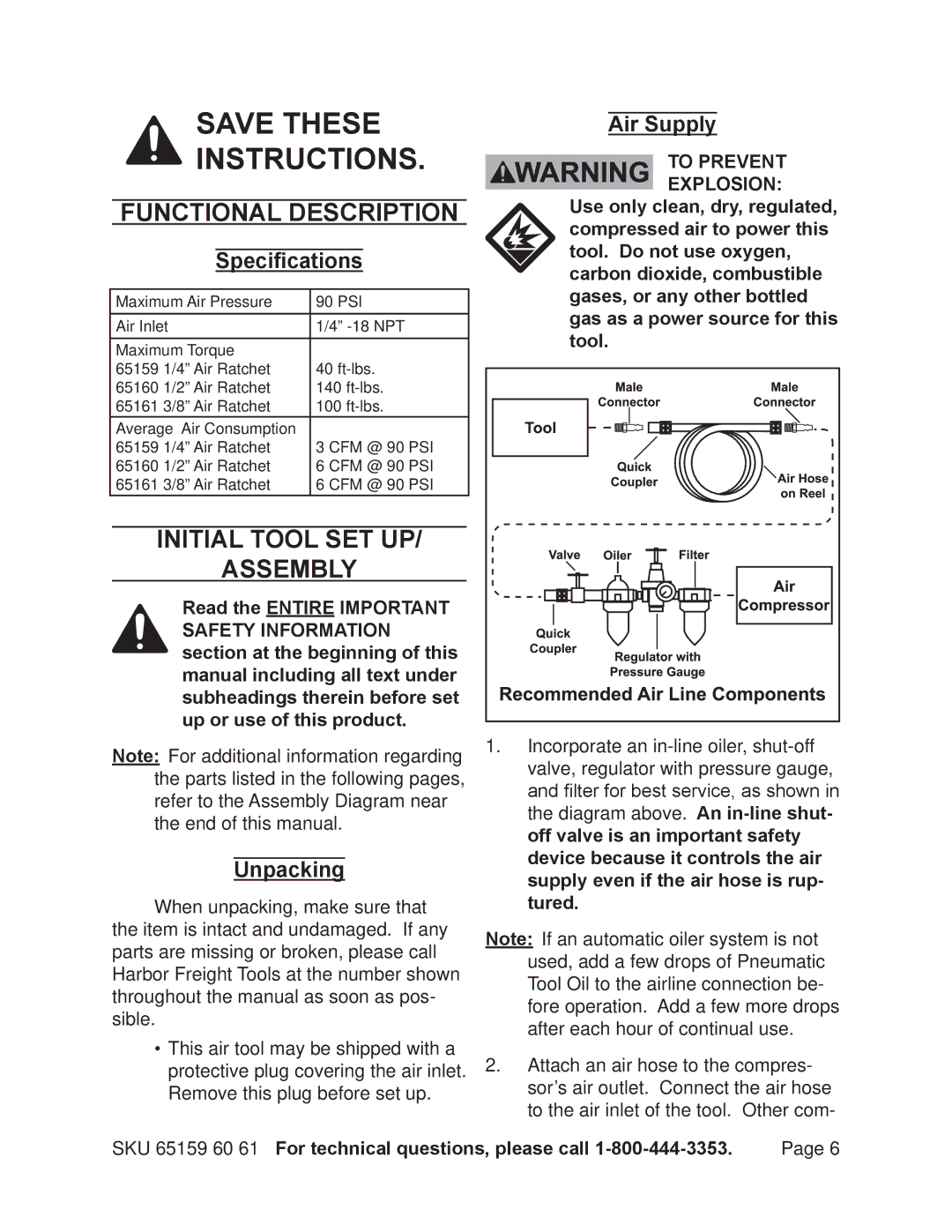 Harbor Freight Tools 65161 Functional Description, Initial Tool Set Up Assembly, Specifications, Air Supply, Unpacking 