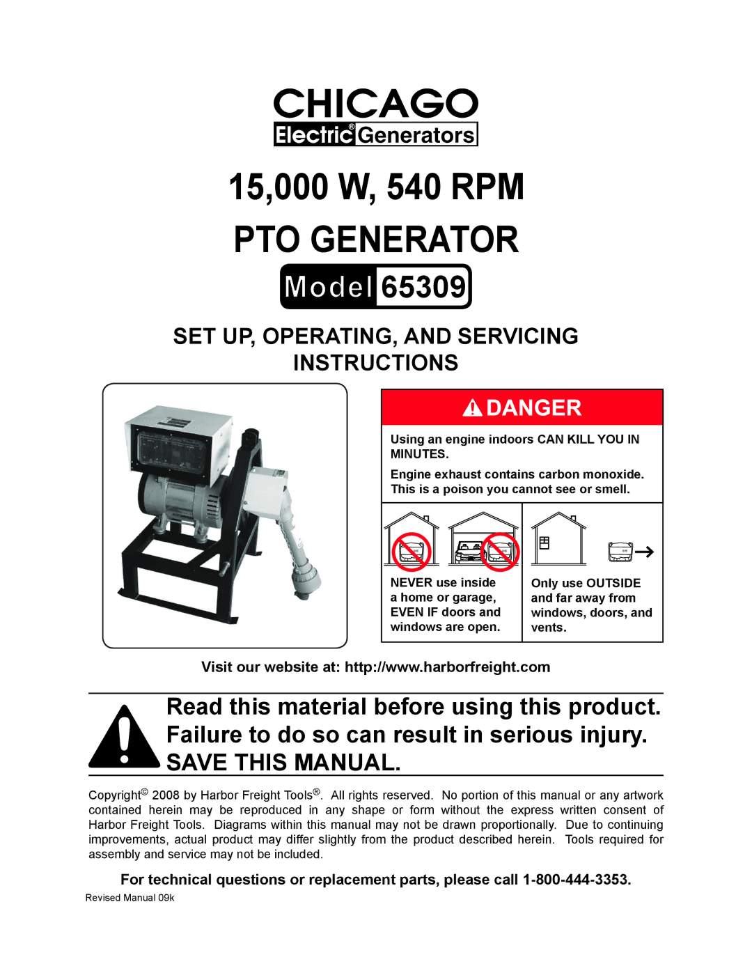 Harbor Freight Tools 65309 manual 15,000 W, 540 RPM PTO Generator 