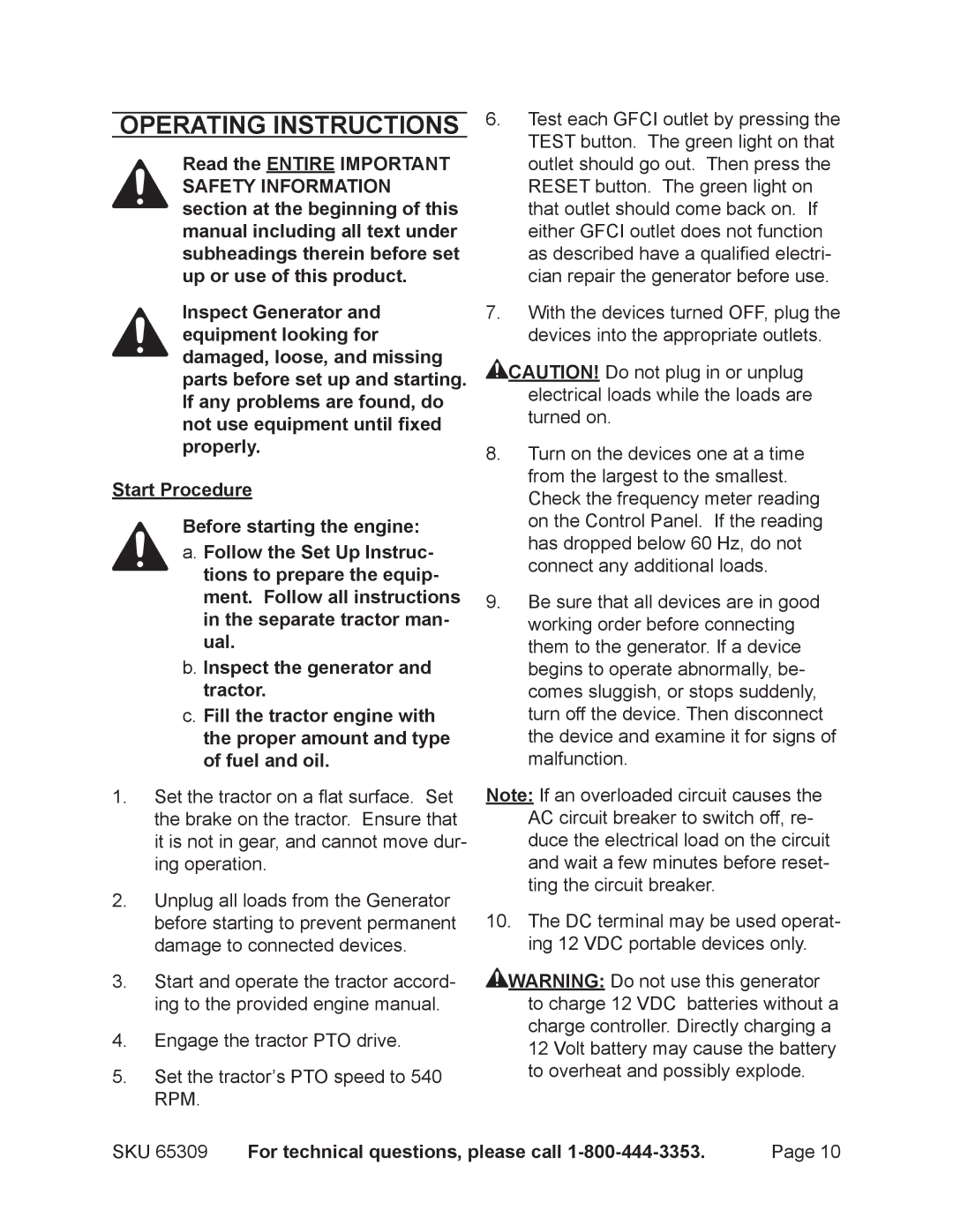 Harbor Freight Tools 65309 manual Operating Instructions 