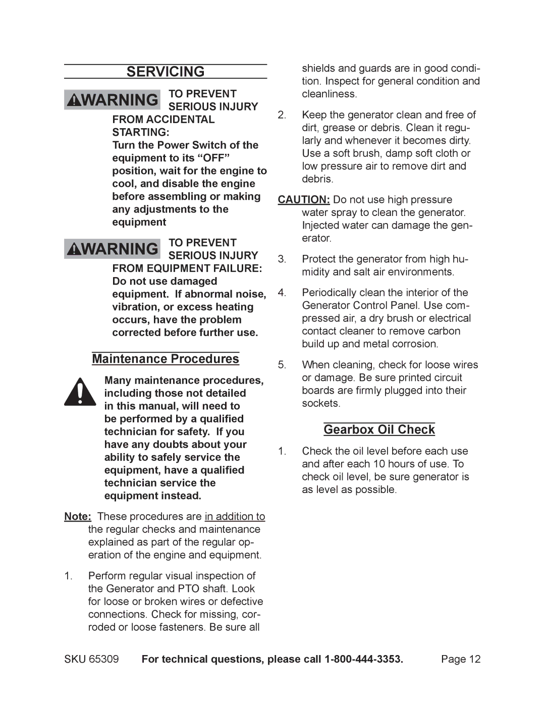 Harbor Freight Tools 65309 manual Servicing, Maintenance Procedures, Gearbox Oil Check 