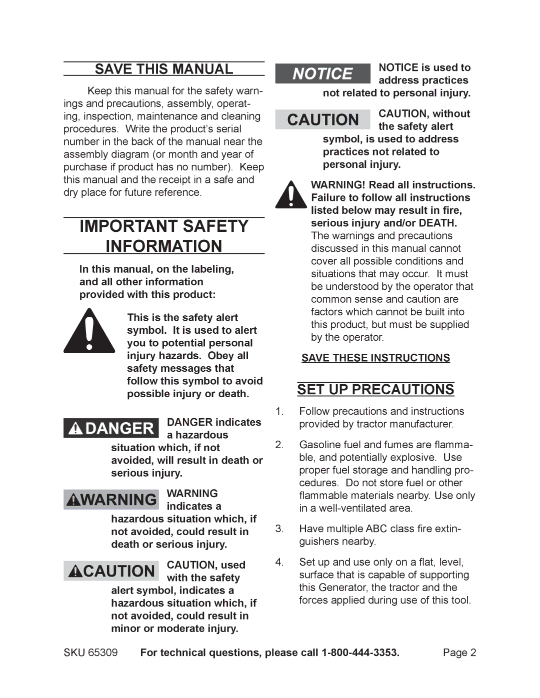 Harbor Freight Tools 65309 manual Save This Manual, Set up precautions, For technical questions, please call 