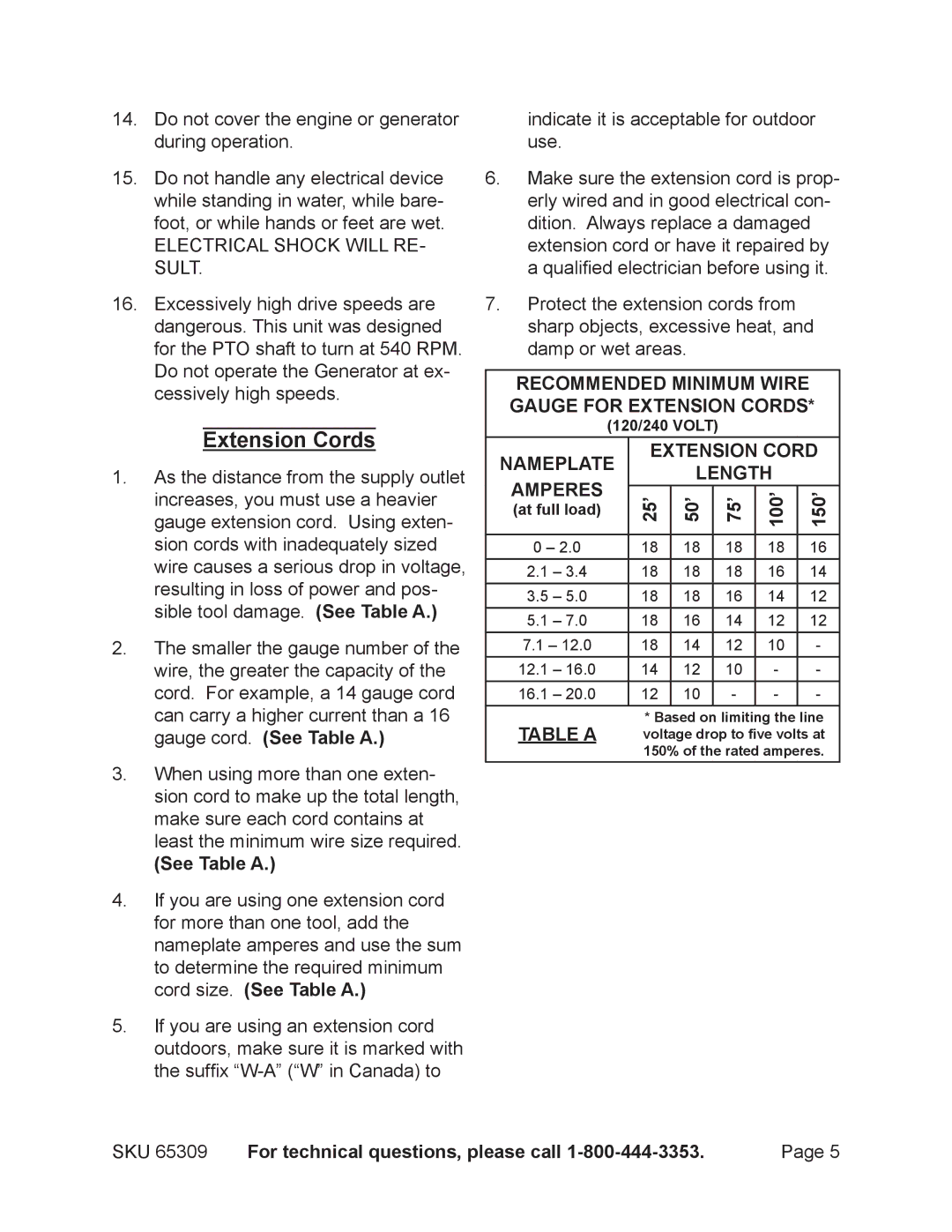 Harbor Freight Tools 65309 manual Extension Cords, See Table a, 25’ 50’ 75’ 