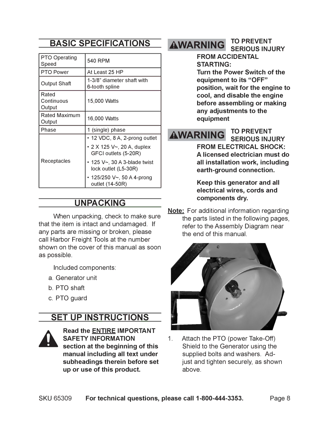 Harbor Freight Tools 65309 manual Basic Specifications, Unpacking, Set Up Instructions 