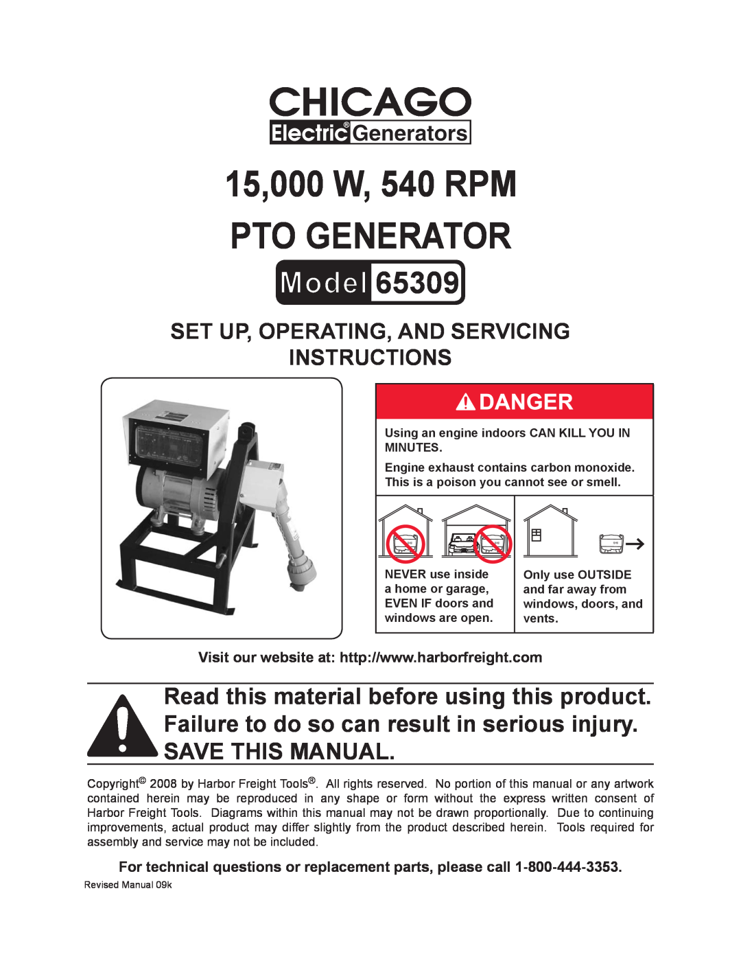 Harbor Freight Tools 65309 manual 15,000 W, 540 RPM PTO Generator, Set up, Operating, and Servicing Instructions 