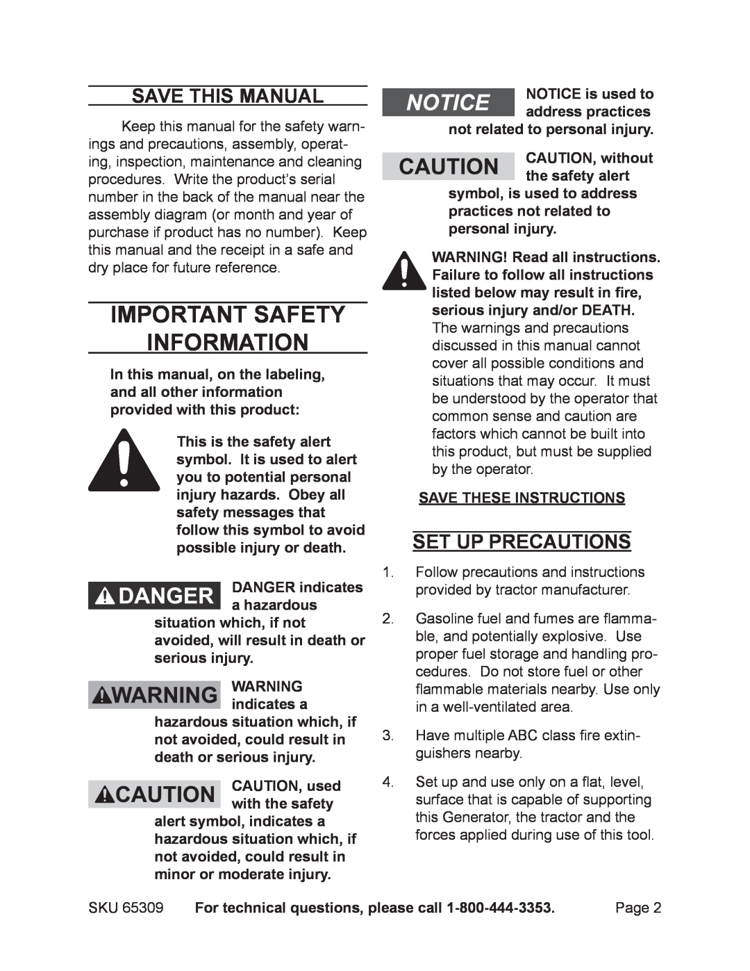 Harbor Freight Tools 65309 manual Important SAFETY Information, Save This Manual, Set up precautions 